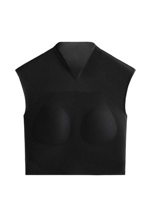 Schwarzes, kurz geschnittenes Oberteil mit V-Ausschnitt und kurzen Ärmeln. Glatte Textur mit geformten Körbchen, die ein schlankes, figurbetontes Design bieten.