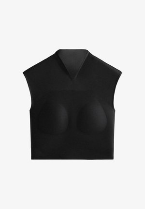 Schwarzes, kurz geschnittenes Oberteil mit V-Ausschnitt und kurzen Ärmeln. Glatte Textur mit geformten Körbchen, die ein schlankes, figurbetontes Design bieten.