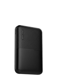 Caricatore portatile nero con finitura testurizzata, forma rettangolare slim e indicatori LED della batteria su un lato. Sezione inferiore liscia e opaca.