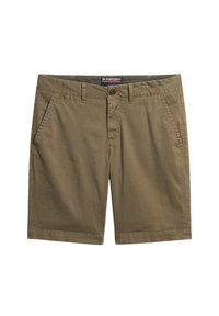 Khaki bavlněné šortky s knoflíkovým zapínáním, dvěma předními kapsami a hladkým povrchem. Vybaveny pasovým štítkem s nápisem "Superdry International."