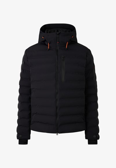 Schwarze Daunenjacke mit durchgehendem Reißverschluss, verstellbarem Kapuzenhood, gesteppten Paneelen und orangen Zugbändern. Enthält Seitentaschen und Bündchen.