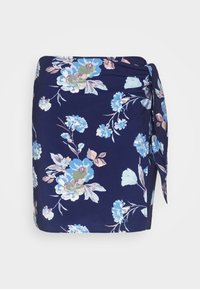 Námořnická modrá zavinovací sukně s květinovým potiskem v světlomodré, bílé a růžové barvě a bočním vázáním.