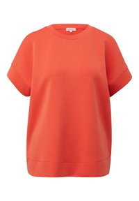 Sweat-shirt à manches courtes de couleur orange vif avec col rond, larges poignets et coupe décontractée, présenté sur fond blanc.