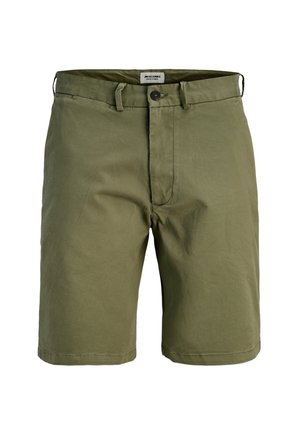 Męskie, oliwkowozielone szorty codzienne do kolan z pętlami na pasek, zapięciem na przednie guziki i zamkiem błyskawicznym.