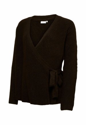 Tmavohnedý rebrovaný pletený zavinovací sveter s dlhými rukávmi a bočným zaväzovaním.