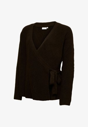 Temno rjavo rebrasto pleteno pulover z dolgimi rokavi in stranskim zapiranjem na vozliček.