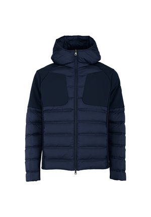 Giacca a vento imbottita blu navy con cappuccio, texture trapuntata, due grandi tasche anteriori, chiusura a zip completa e maniche lunghe.
