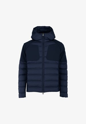 Giacca a vento imbottita blu navy con cappuccio, texture trapuntata, due grandi tasche anteriori, chiusura a zip completa e maniche lunghe.