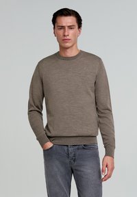 Brązowy sweter dziany z okrągłym dekoltem i ściągaczami, w zestawie z szarymi dżinsami. Dyskretne logo na klatce piersiowej. Gładka faktura.
