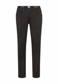 Mørkegrå, tætsiddende bukser lavet af denim. Har fem lommer og et subtilt struktureret mønster. Klassisk lynlåslukning og knaplukning i taljen.
