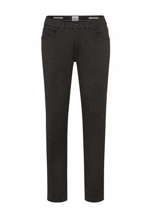 Pantalons slim-fit gris foncé en denim. Comprend cinq poches et un motif texturé subtil. Fermeture classique à zip et bouton à la taille.
