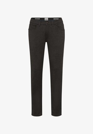 Donkergrijze, slim-fit broek van denim. Voorzien van vijf zakken en een subtiel textuurpatroon. Klassieke rits- en knoopsluiting bij de taille.