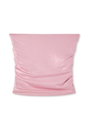Top a tubo morbido rosa con riflessi, leggermente stropicciato, mostrato disteso su uno sfondo bianco.