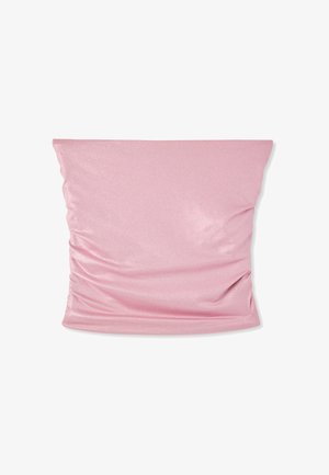 Top a tubo morbido rosa con riflessi, leggermente stropicciato, mostrato disteso su uno sfondo bianco.