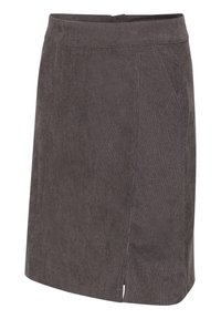 Grå kordfløjlskørt til knæet med lige pasform, sidelommer og en lille slids foran i kanten.