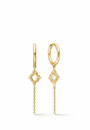 Cercei cercel din aur, cu o picătură texturată în formă de diamant, care prezintă un lanț. Designul este complex, cu un finisaj lustruit.