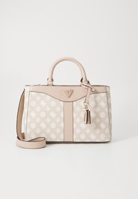 Borsa a tracolla beige in materiale sintetico con motivo a logo ripetuto, forma strutturata, doppi manici superiori e dettagli dorati.