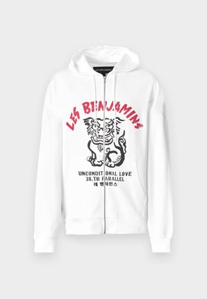 Witte zip-up hoodie met een tijgerafbeelding in zwart en rood, voorzien van de tekst "LES BIENJAMINS" en "UNCONDITIONAL LOVE" in vette letterdruk.