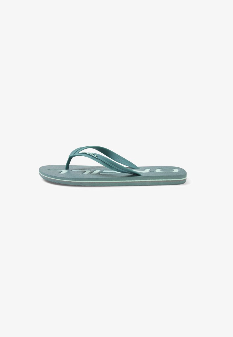 Teal flip-flop sandal with thin straps and textured footbed, featuring white branding. Made from PVC-free material.
