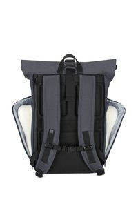 Gray backpack with a roll-top design, padded adjustable straps, mesh back panel, and internal compartment for shoes or gear.