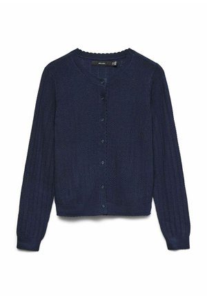 Cardigan en maille bleu marine avec manches longues, encolure ronde, fermeture boutonnée sur le devant, poignets et ourlet côtelés.