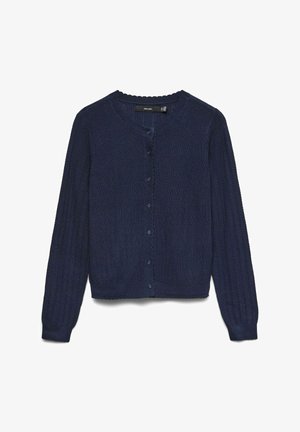 Cardigan en maille bleu marine avec manches longues, encolure ronde, fermeture boutonnée sur le devant, poignets et ourlet côtelés.