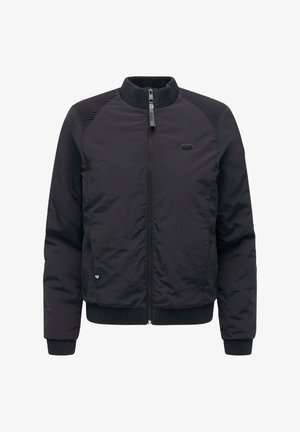 Black bomber jacket with a ribbed collar and cuffs. Features quilted shoulder accents and a central zip closure. Smooth, synthetic texture.