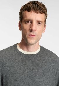 Maglione grigio a maglia con scollo rotondo e rifiniture color crema. Il tessuto sembra morbido e strutturato, adatto per un abbigliamento casual.