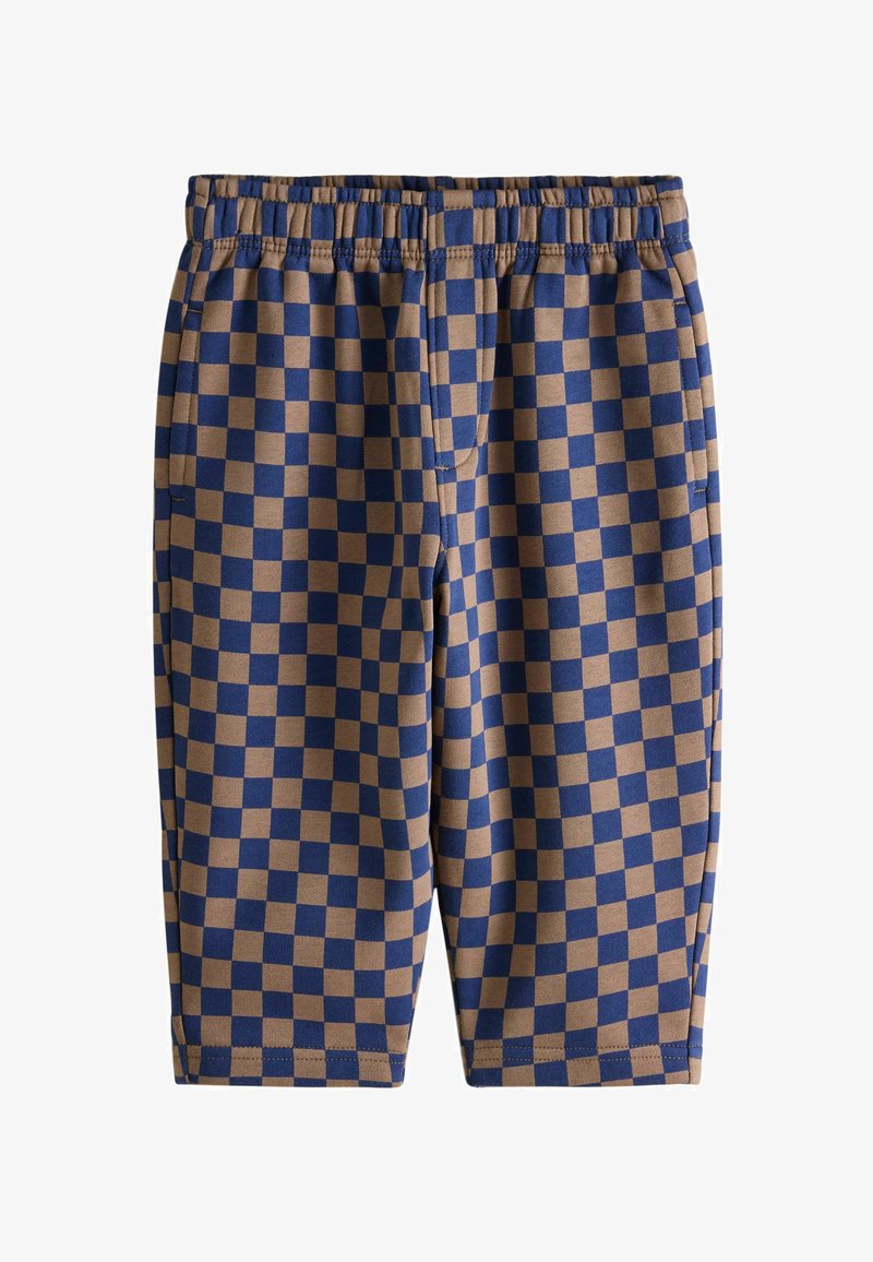 Shorts pour enfants à taille élastique avec motif à damier bleu et marron, poches latérales et coupe au niveau des genoux.