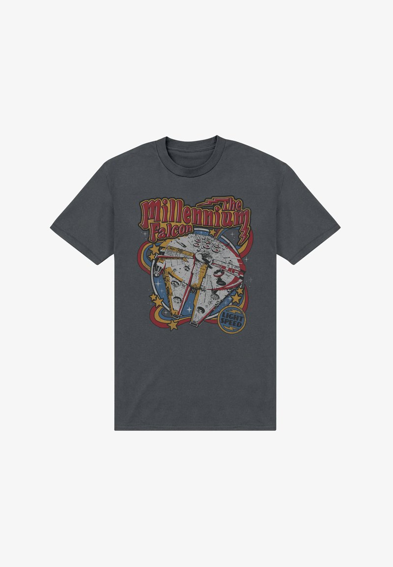 Dark gray t-shirt with a vintage-style Millennium Falcon spaceship graphic and red, yellow text reading "The Millennium Falcon" and "Lightspeed."