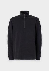 Pull-over noir à manches longues avec un col montant et une demi-fermeture éclair à l'avant. Fabriqué en tissu texturé avec des poignets ajustés et une coupe décontractée.