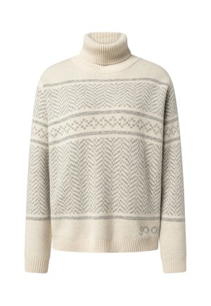 Cremfarbener Wollrollkragenpullover mit hellgrauen geometrischen und Fischgrätmustern auf Brust, Ärmeln und Körper.