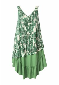 Vestido sin mangas de estampado verde que presenta un diseño en capas con un dobladillo rizado más largo y un estampado geométrico en la parte superior.