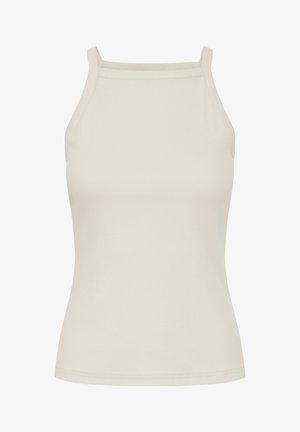 Beżowy top na ramiączkach z prążkowanym wzorem, z cienkimi ramiączkami i dopasowanym krojem. Posiada okrągły dekolt i casualowy styl, idealny do noszenia w warstwach.