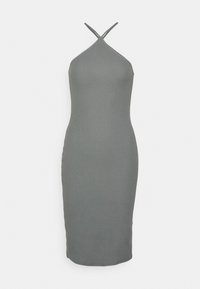 Vestido de alça halter em tecido cinza canelado, silhueta ajustada, até ao joelho, com tiras estreitas entrelaçadas nas costas.