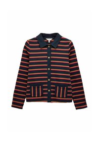 Námornícky modrá a červená pruhovaná bunda s golierom, zapínaním na gombíky a dvoma prednými vreckami. Vyrobená z textúrovanej látky, s horizontálnymi pruhmi.