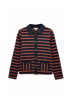 Navy and red striped jacket with a collared neck, button front, and two front pockets. Made of a textured fabric, featuring horizontal stripes.