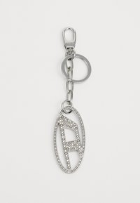 Silver keychain featuring a rhinestone-encrusted oval design with a stylized letter "A" at the center and a lobster clasp for attachment.