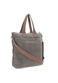 Borsa a tracolla in tela di un verde oliva smorzato, con spallacci e manici marroni, dotata di una tasca frontale con zip e una sottile texture.