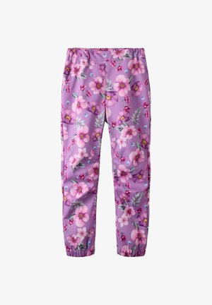 Lilac pants with a pink, purple, and blue floral pattern, elastic waistband and cuffs, and side pockets.
