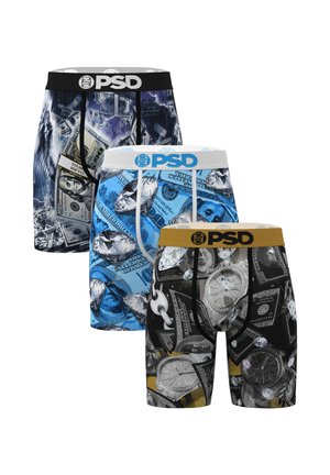 Three pairs of PSD brand boxer briefs with money, diamonds, and watch designs in black, blue, and dark colors.