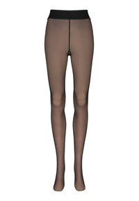 Schwarze blickdichte Strumpfhosen mit einem breiten Bund, versehen mit glatter Textur und dezentem Glanz, entworfen, um von der Taille bis zu den Zehen zu bedecken.