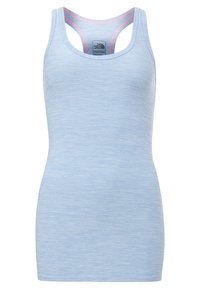 Jasnoniebieska sportowa koszulka na ramiączkach wykonana z teksturowanej tkaniny, z tyłem typu racerback i różowymi akcentami wzdłuż dekoltu.
