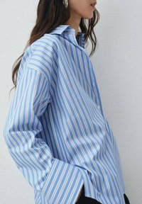 Camicia a bottoni a righe blu e bianche con vestibilità rilassata, maniche lunghe e colletto. Tessuto liscio e righe verticali ben visibili.