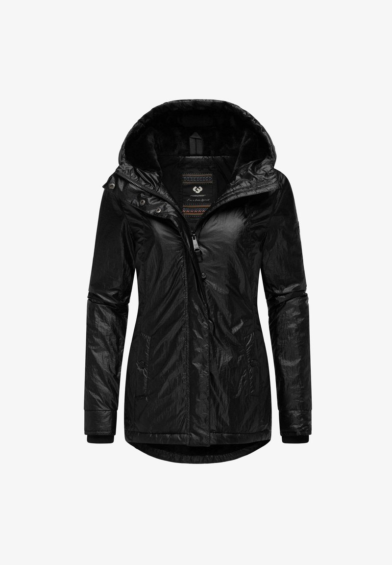 Veste à capuche pour femmes noires avec fermeture éclair frontale, poches à boutons-pression et finition légèrement brillante et texturée.