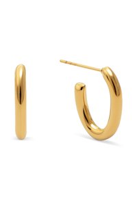 Par de pendientes de aro dorados brillantes, uno mostrado de frente y el otro con el pasador visible, sobre un fondo blanco.