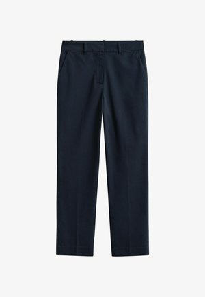 Donkerblauwe broek met rechte pijpen, riemlussen, voorsluitingen en een platte voorkant, gefotografeerd tegen een witte achtergrond.