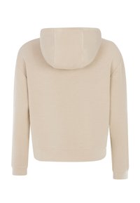 Felpa corta color beige realizzata in un tessuto morbido, dotata di tasca a marsupio e cappuccio foderato con un design semplice e polsini rigati.