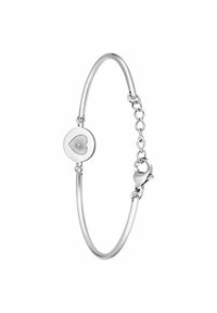 Zilveren armband met een ronde hanger met een bloemmotief, een gladde textuur en een karabijnsluiting met verstelbare lengte.