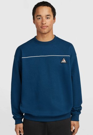 Junger Mann trägt einen blauen Sweatshirt mit einem weißen horizontalen Streifen und einem kleinen dreieckigen Logo auf der Brust, steht vor einem einfarbigen Hintergrund.